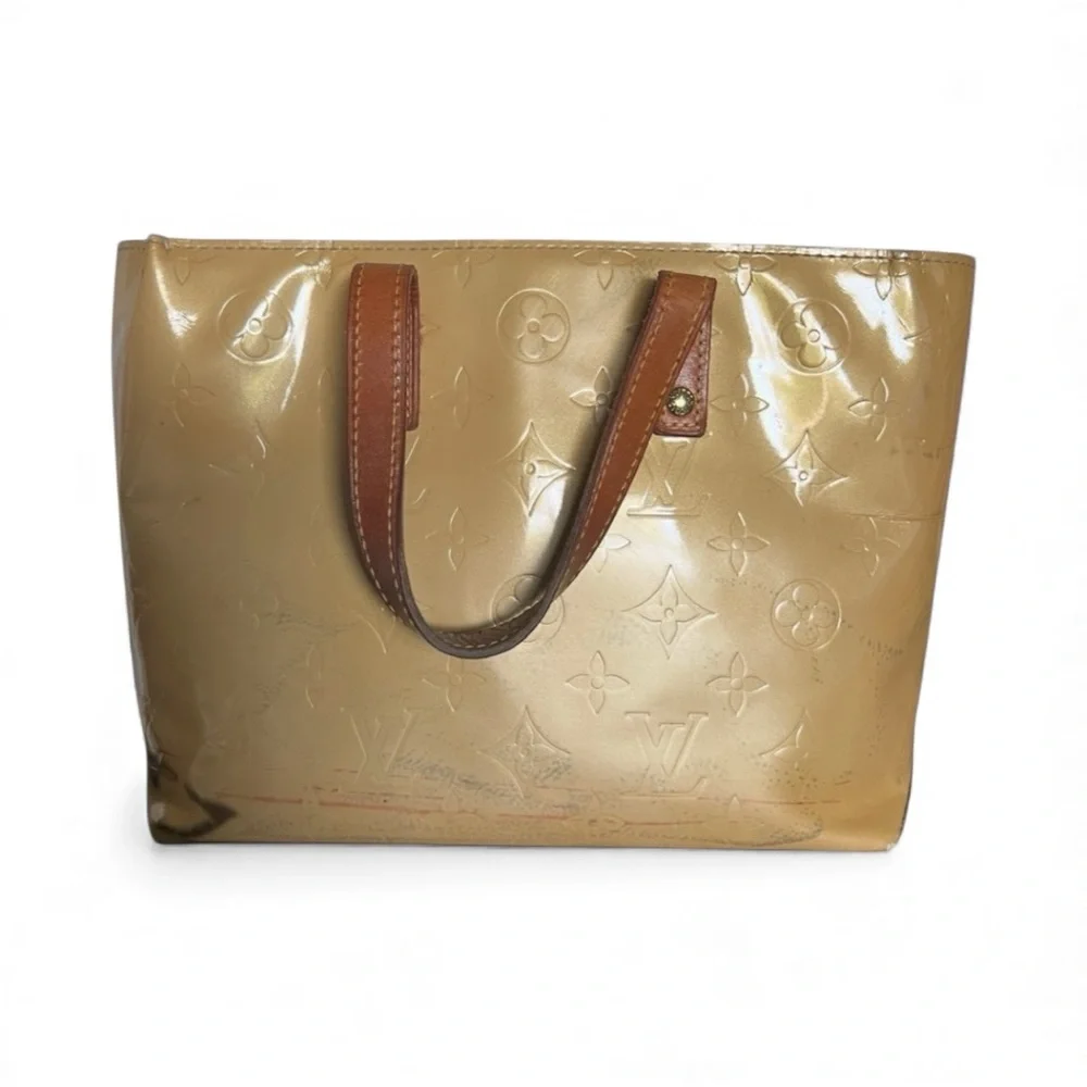 Louis Vuitton Gold Monogram Vernis Tote Vachetta Handles Patent Leather Vintage - Picture 2 of 8